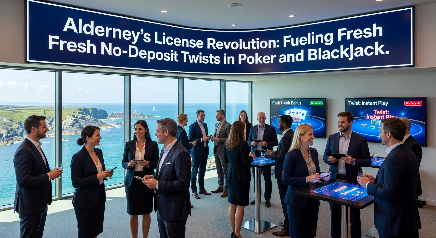 Digital poker table with no-deposit bonus overlays and blackjack cards in play, highlighting innovative promotions under Alderney regulation