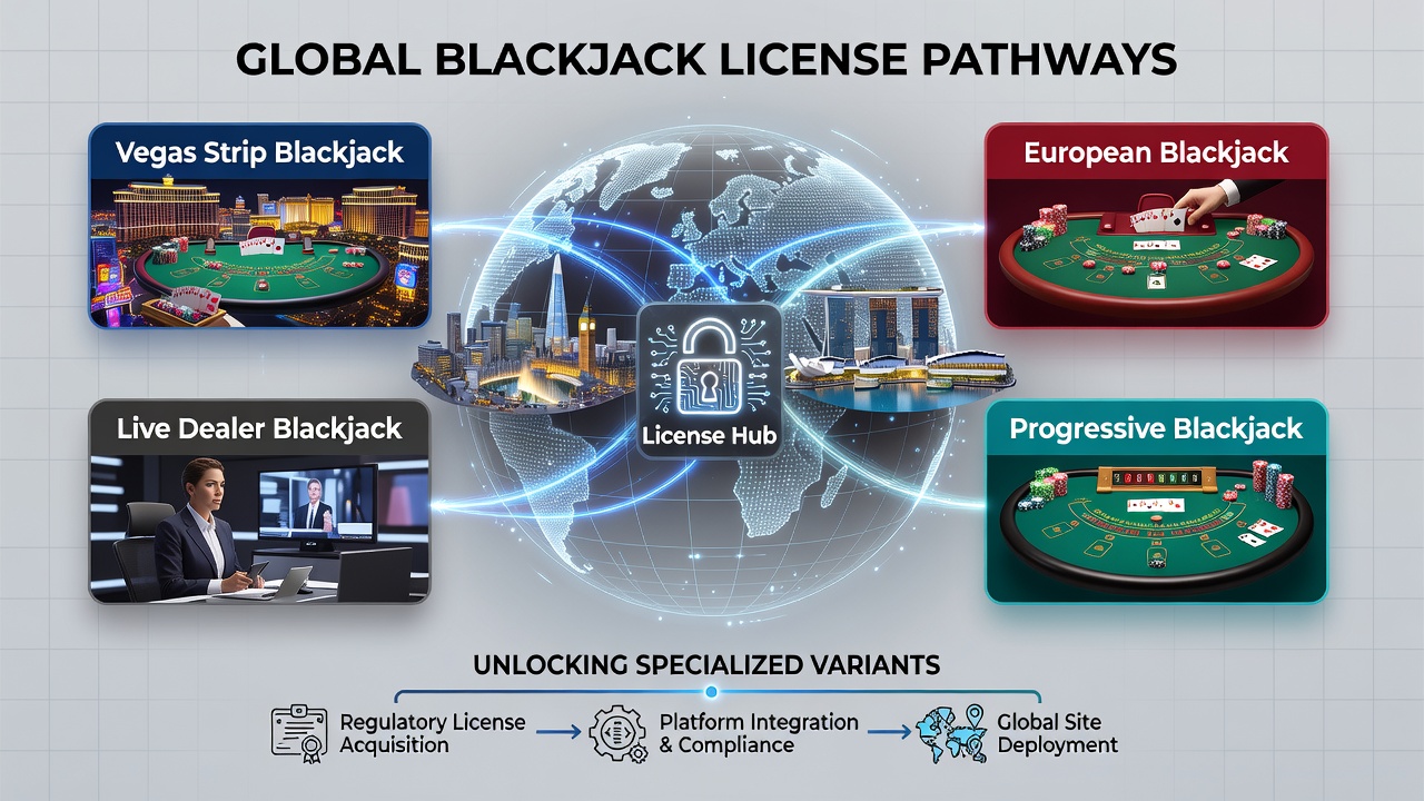 International regulatory documents and blackjack variant interfaces displayed across global licensing pathways