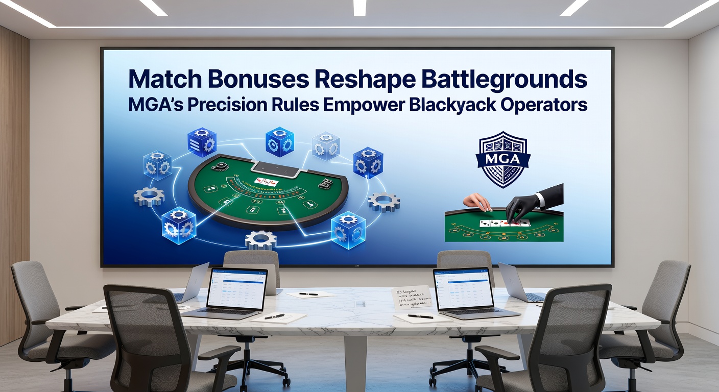 Graph showing rising blackjack player engagement and match bonus uptake under MGA regulations, with overlaid icons of cards, chips, and regulatory stamps