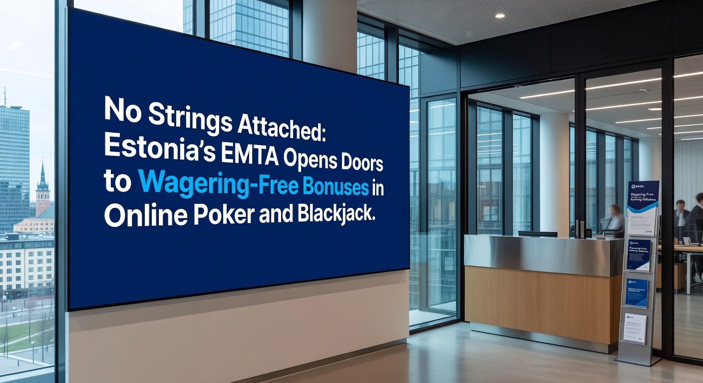 Close-up of a blackjack hand with chips and a no-wagering bonus notification screen, illustrating Estonia's new bonus landscape