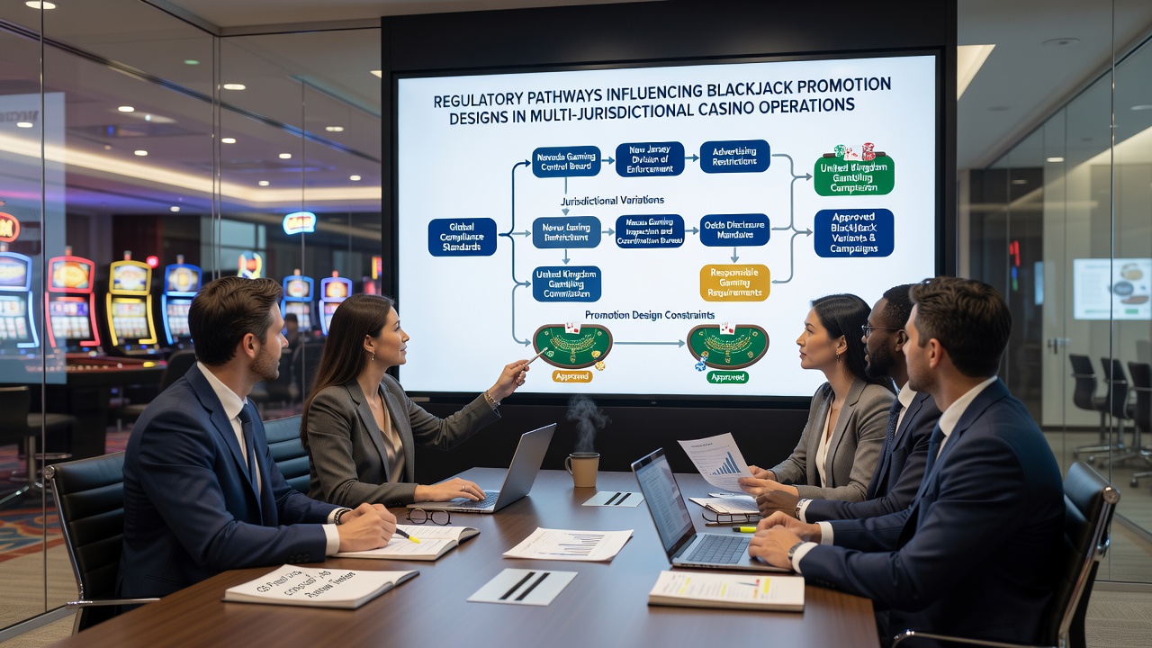 Casino compliance team reviewing blackjack promotion rules on multiple computer screens