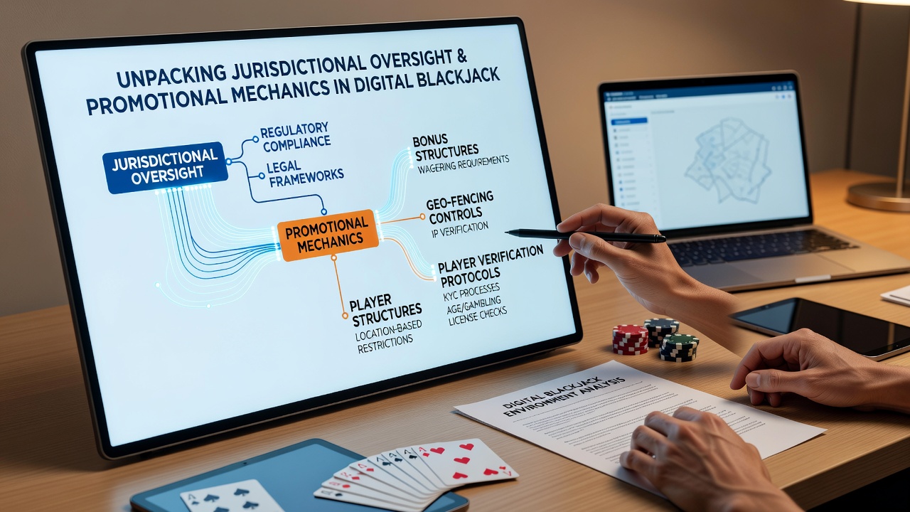 Regulatory compliance dashboard displaying jurisdictional rules for blackjack bonus mechanics